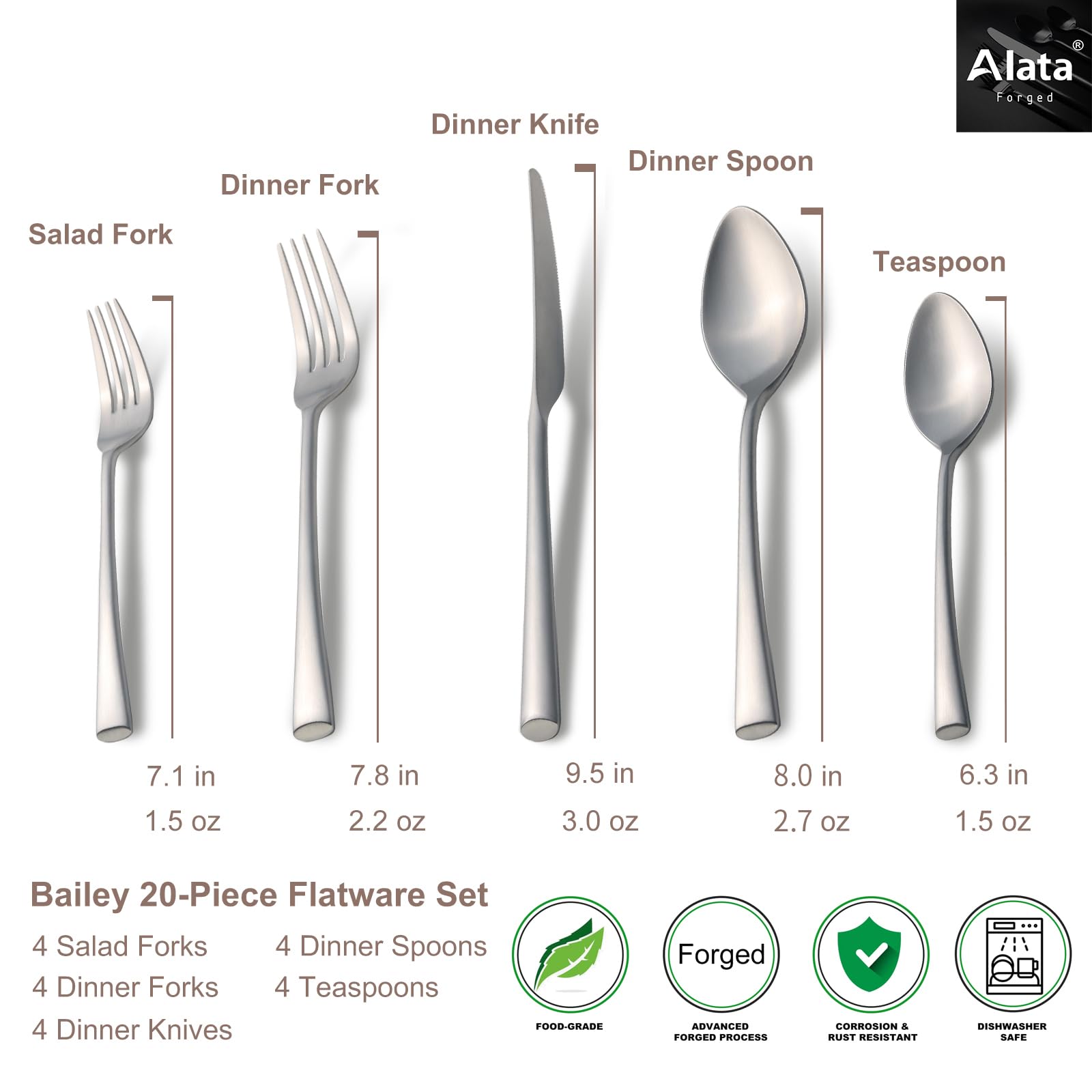 Alata Bailey 20-Piece Forged Stainless Steel Flatware Set Cutlery Set,Service for 4,Matte Satin Finish,Dishwasher Safe…