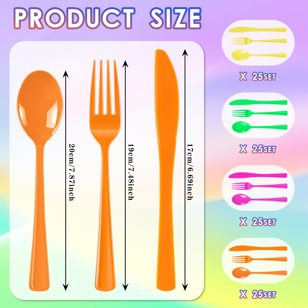 ALEXPRE 300 Pack Neon Party Disposable Plastic Silverware Heavy Duty, Plastic Cutlery Set, Forks and Spoons Knives Set for Birthday Party Prom Night, Weddings（Orange,Green, Hot Pink, Yellow Colors）