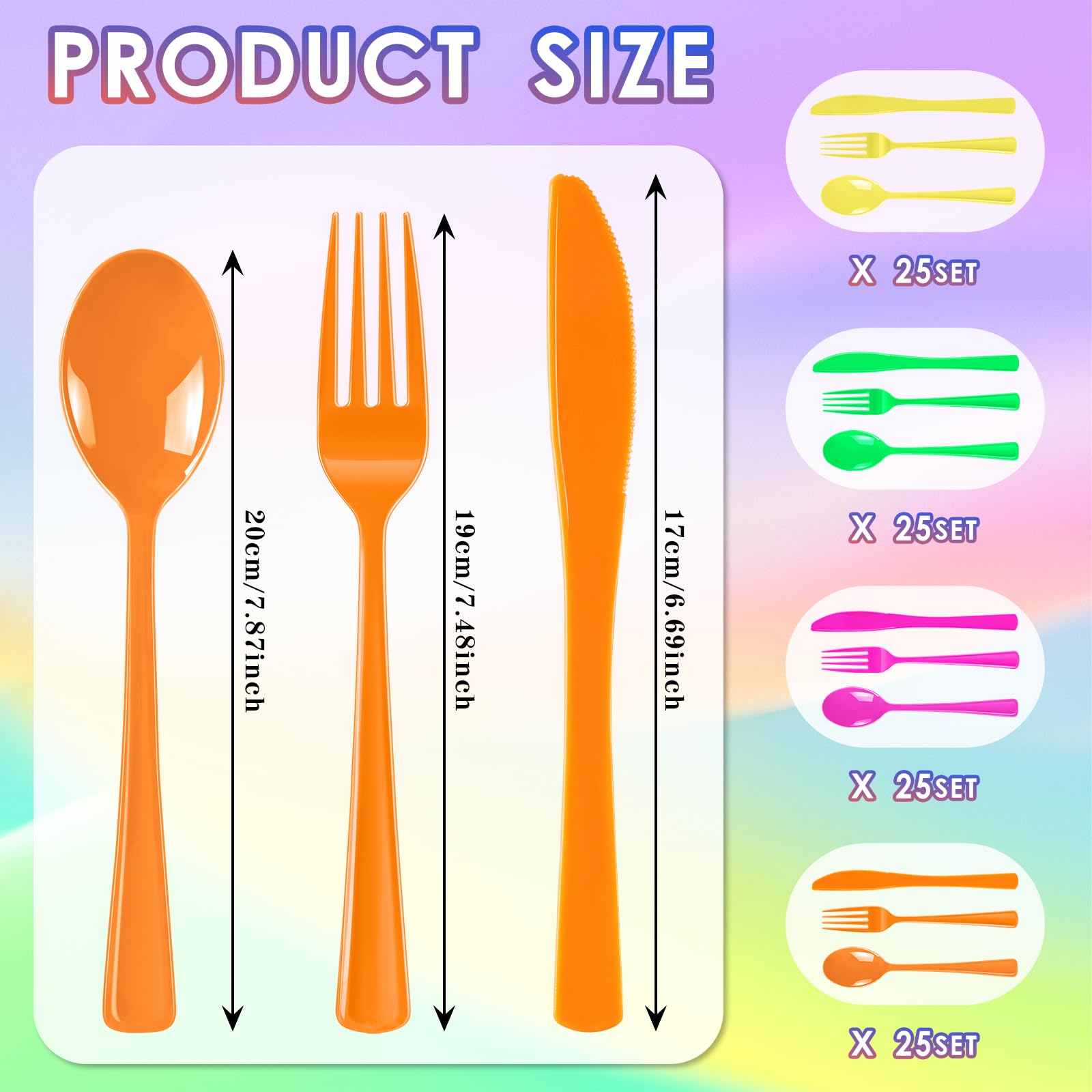 ALEXPRE 300 Pack Neon Party Disposable Plastic Silverware Heavy Duty, Plastic Cutlery Set, Forks and Spoons Knives Set for Birthday Party Prom Night, Weddings（Orange,Green, Hot Pink, Yellow Colors）