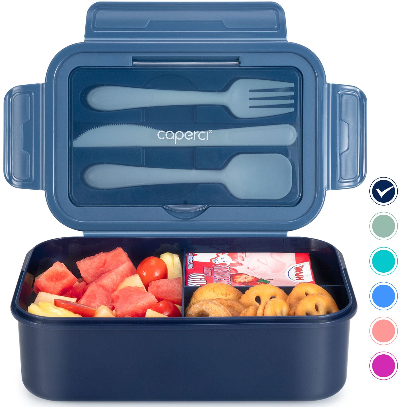 Caperci Classic Bento Box Adult Lunch Box for Older Kids - Leakpoof 47 oz 3-Compartment Containers for Adults and Teens, Built-in Utensil Set, Ideal for On-the-Go Balanced Eating, Navy Blue