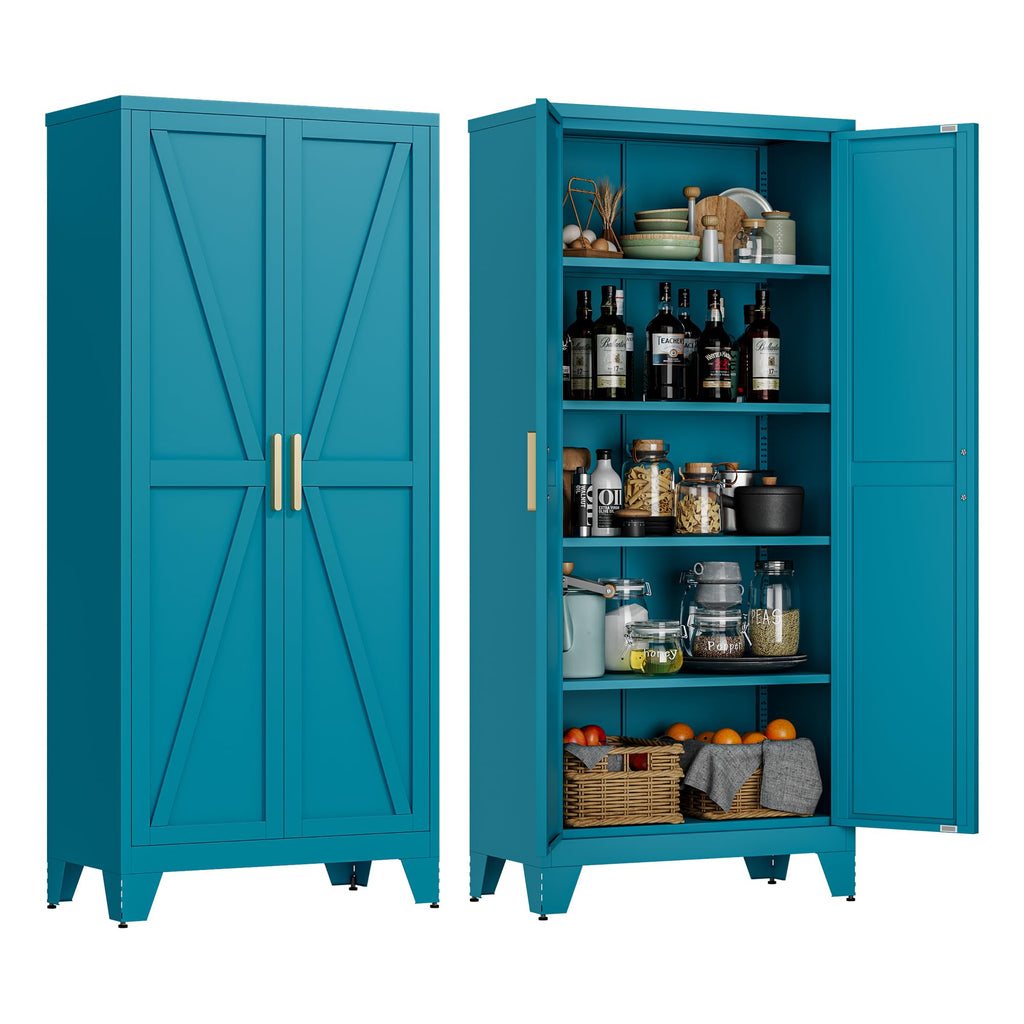 LCAOPC 71" Tall Metal Storage Cabinet with 2 Doors and 4 Adjustable Shelves, 5-Tier Kitchen Pantry Storage Cabinet for Kitchen, Living Room, Dining Room and Office, Blue