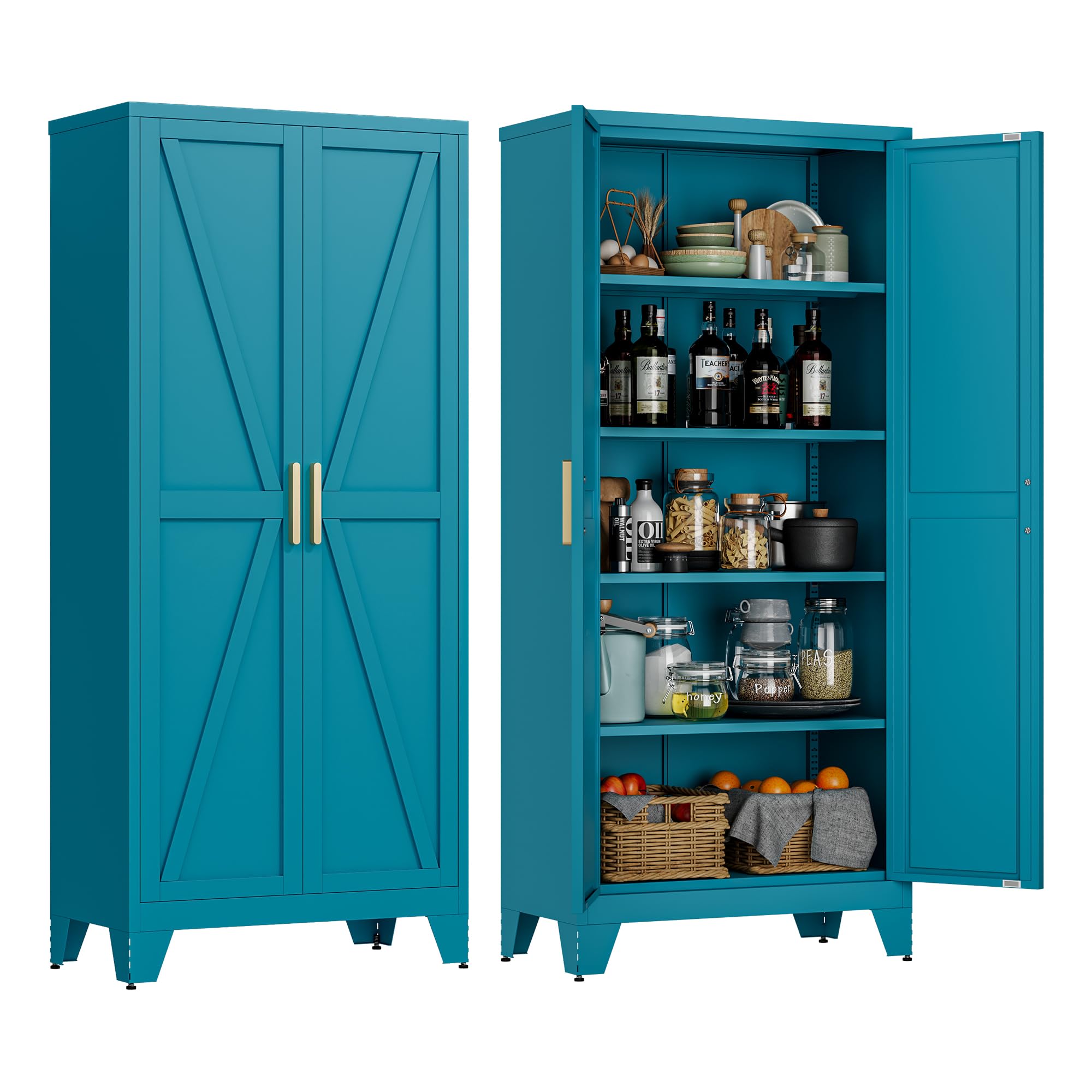 LCAOPC 71" Tall Metal Storage Cabinet with 2 Doors and 4 Adjustable Shelves, 5-Tier Kitchen Pantry Storage Cabinet for Kitchen, Living Room, Dining Room and Office, Blue