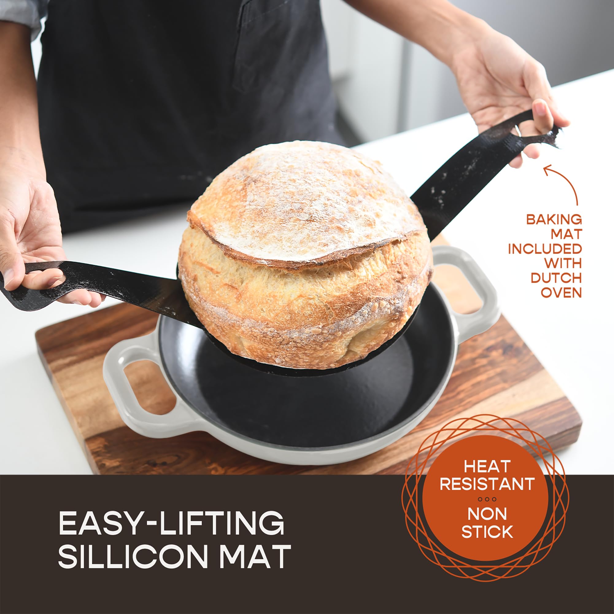 Krustic Enameled Cast Iron Dutch Oven for Sourdough Bread Baking | 6 Quart Round Pot with Lid | 10 Inch Ceramic Enamel Thick Coated Cookware Set with Non Stick Silicone Baking Mat for Cooking | 6 Qt | White