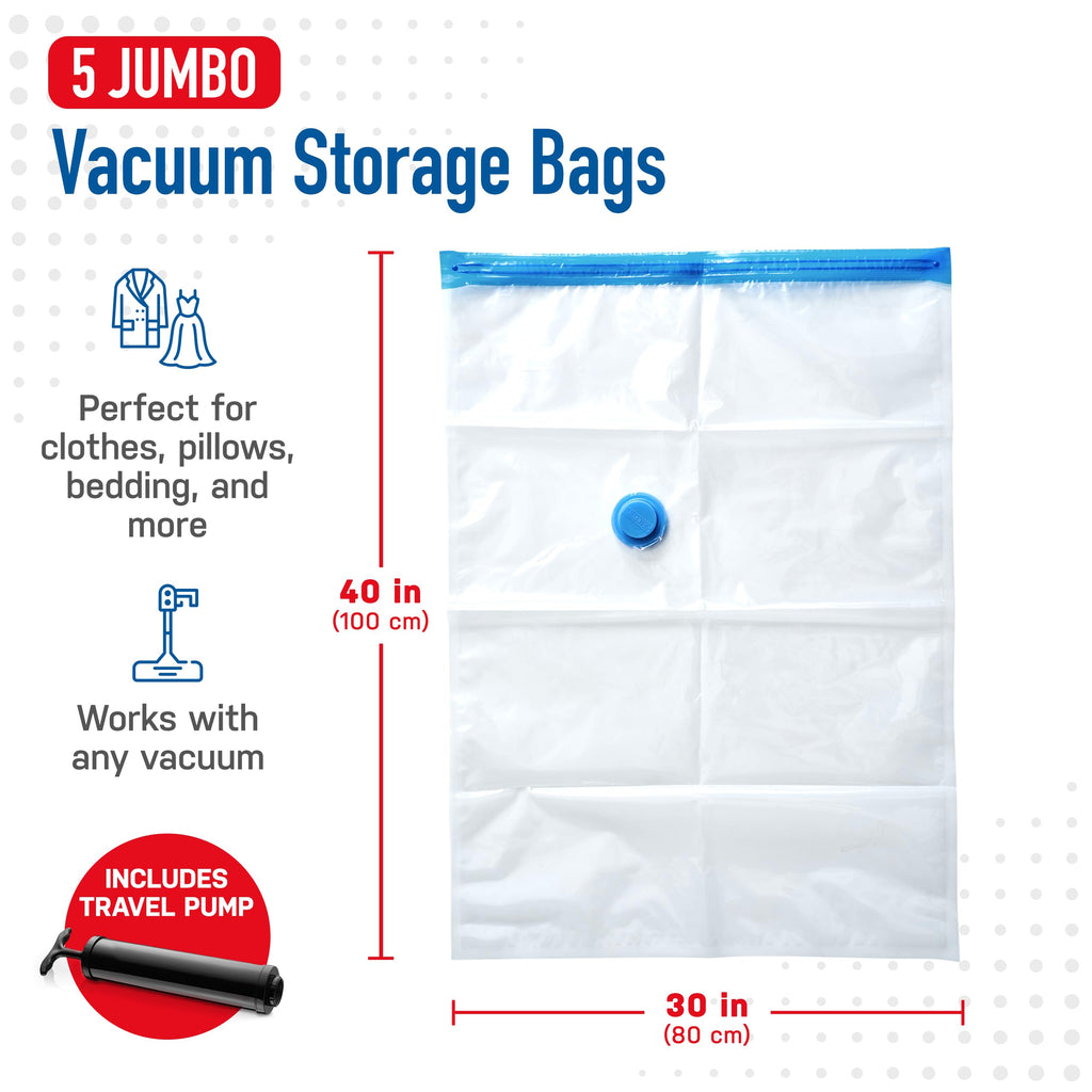 Spacesaver Jumbo Vacuum Storage Bags for Comforters, Blankets & Clothes – Vacuum Sealed Compression Bag with Hand Pump – Space Saver Storage Bag for Bedding, Moving, Travel & Organization (5 Pack)