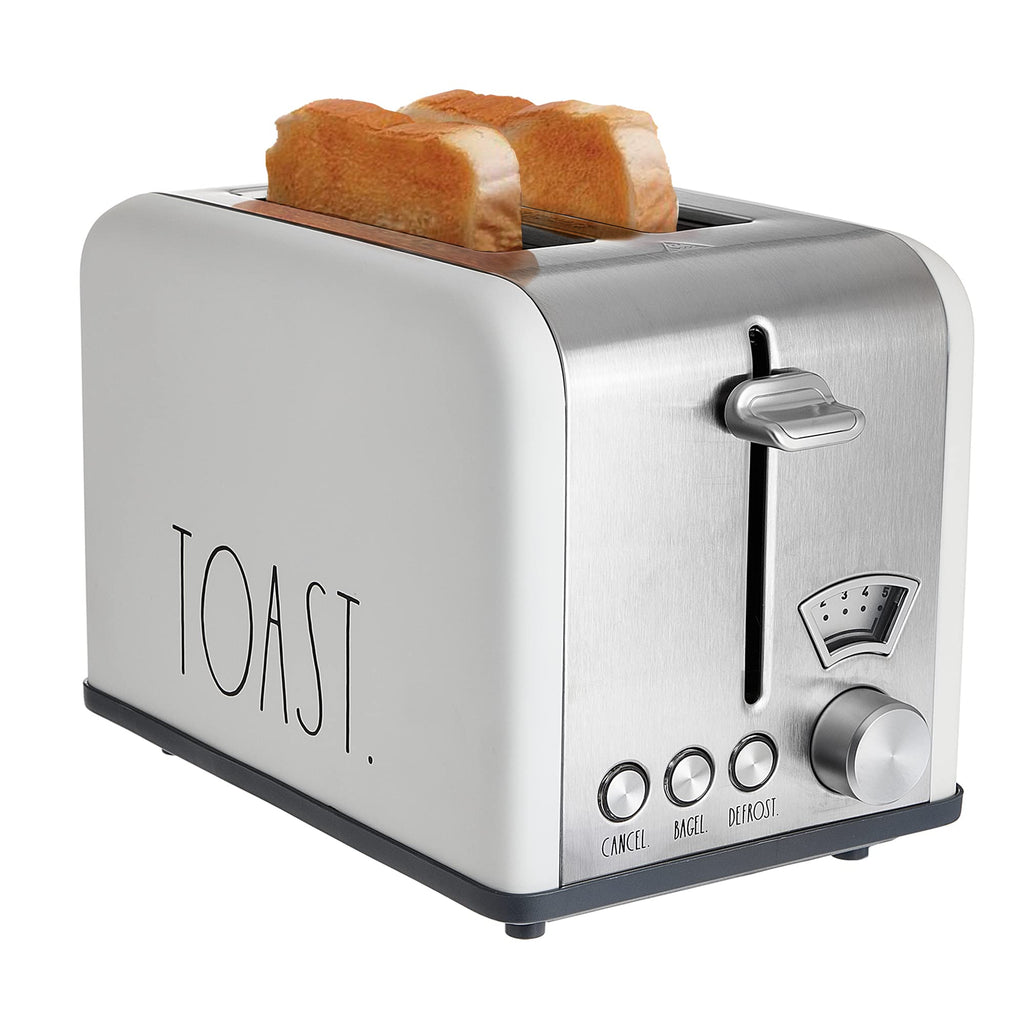 Rae Dunn Toaster, Stainless Steel 2 Slice Square Toaster, Wide Slot with 5 Browning Levels, with Bagel, Defrost and Cancel Options (Cream)