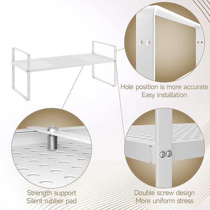 Hole Pattern Expandable Shelf Organizer,2Pack 10.2" Wide Easy to Assemble Cabinet Organizer Shelf, 16.5~27.1" Adjustable Height&Stackable Spice Organization for Cupboard, White