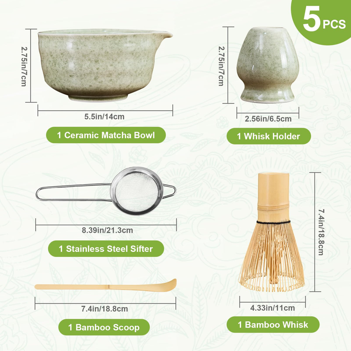 Nigwet 5Pcs Matcha Whisk Set - Matcha Bowl with Spout, 100% Bamboo Whisk (Chasen), Holder, Stainless Sifter, Tea Scoop. Japanese Ceremony Matcha Kit for Beginners, Ideal Gift for Tea Lovers (Green)