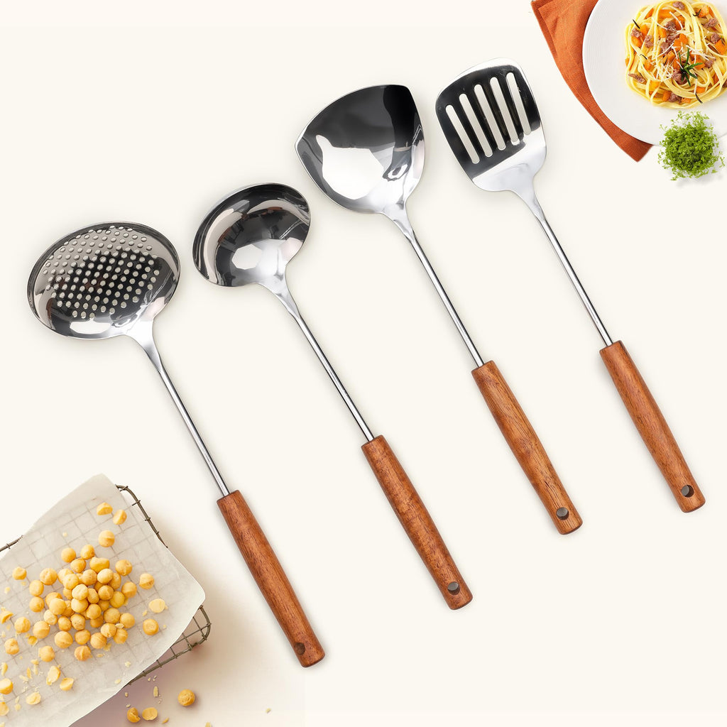 FJNATINH Stainless Steel Wok Tools Set,Wok Utensil - Wok Spatula,Turner,Ladle,Skimmer Tool Set,Mirror Polished Stainless Steel Cooking Utensils 14.6-15.2" Kitchen Utensils Cookware, Pack of 4