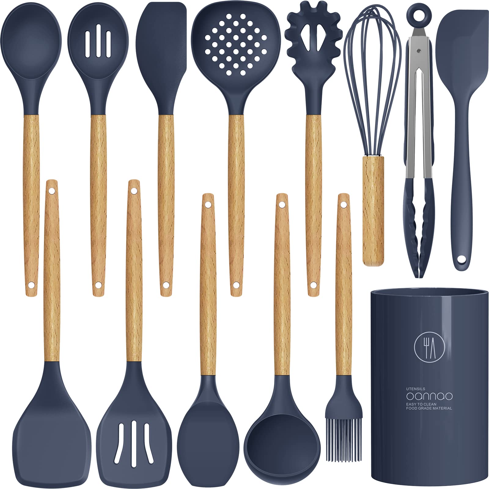 oannao Silicone Cooking Utensils Set - 446°F Heat Resistant Silicone Kitchen Utensils for Cooking,Kitchen Utensil Spatula Set w Wooden Handles, BPA FREE Gadgets for Non-Stick Cookware (Navy Blue)