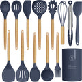 oannao Silicone Cooking Utensils Set - 446°F Heat Resistant Silicone Kitchen Utensils for Cooking,Kitchen Utensil Spatula Set w Wooden Handles, BPA FREE Gadgets for Non-Stick Cookware (Khaki)