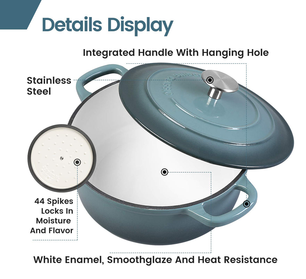 EDGING CASTING Enameled Cast Iron Covered 5.5 Quart Dutch Oven with Dual Handle, Slateblue