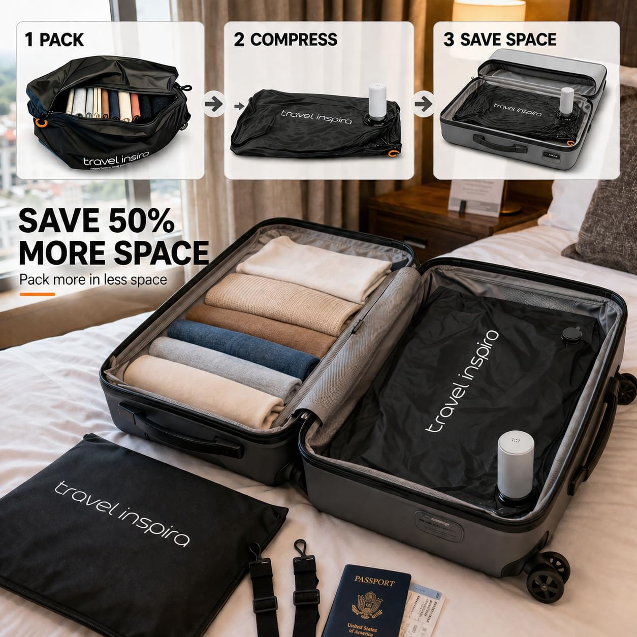 Compression Packing Cube with Electric Pump, Waterproof Travel Storage Bag