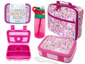 kinsho Bento Lunch Box with Insulated Bag and Water Bottle Set for Kids Toddlers, 4 Portion Sections, Removable Tray, Pre-School Girl Toddler Daycare Lunches, Snack Container, Pink Unicorn