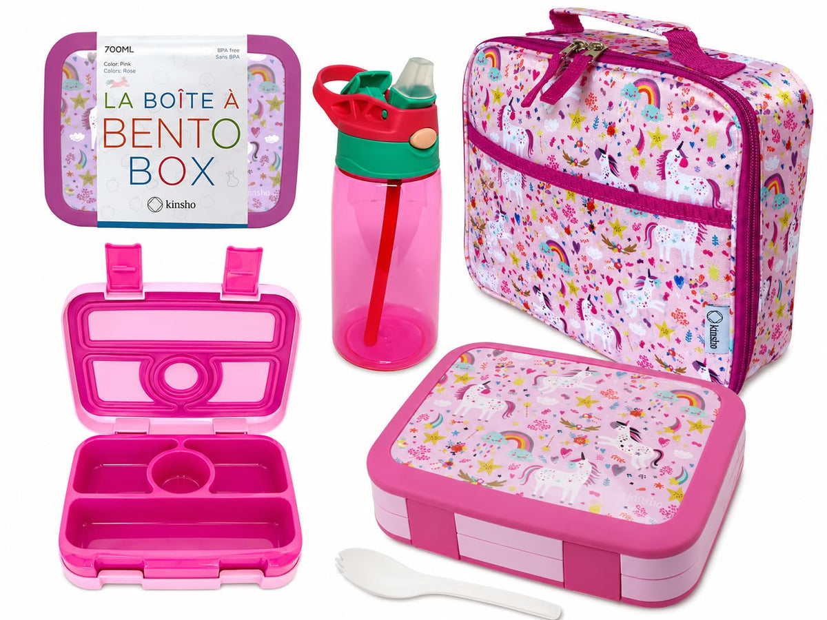 kinsho Bento Lunch Box with Insulated Bag and Water Bottle Set for Kids Toddlers, 4 Portion Sections, Removable Tray, Pre-School Girl Toddler Daycare Lunches, Snack Container, Pink Unicorn