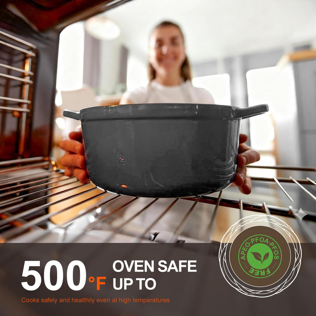 Overmont Enameled Cast Iron Dutch Oven - 5.5QT Pot with Wide Handles Lid Cookbook & Cotton Potholders - Heavy-Duty Pre-Seasoned Cookware Oven Safe to 500°F for Braising, Stews, Roasting, Sourdough Baking Grey