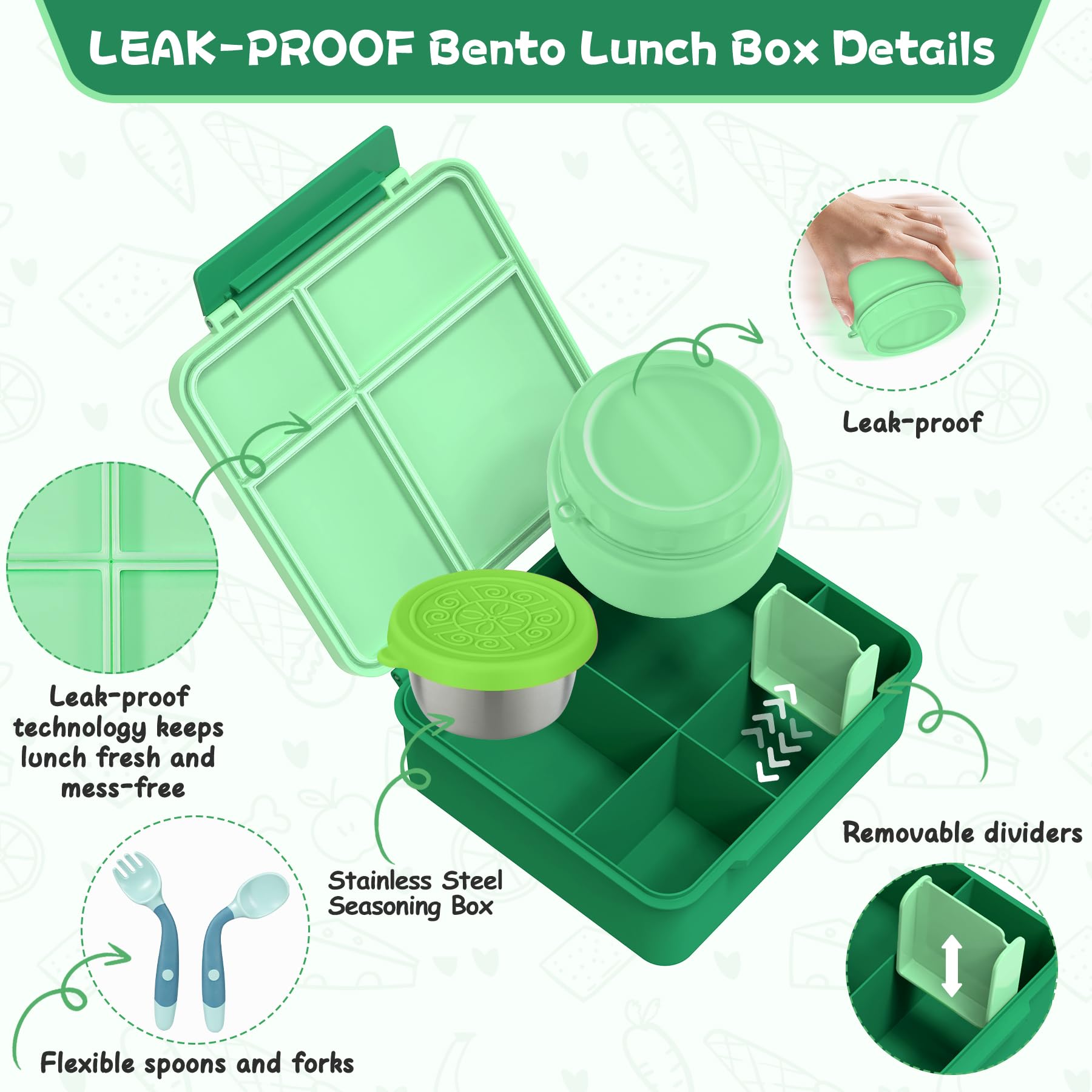 Aimsnk Lunch Box Kids with Thermo Insulated Lunch Bag for School, Green