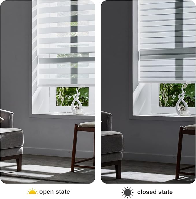 Persilux Cordless Zebra Blinds for Windows, Roller Shades for Windows (34.5" W x 64" H, White) Dual Layer Fabric for Day and Night,Room Darkening Shades for Home, Office, Bedroom and Living Room