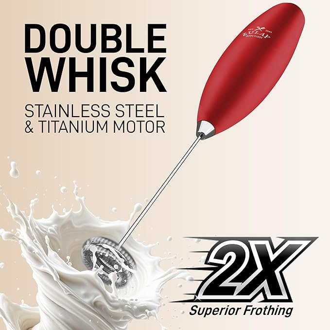 Zulay Kitchen Powerful Double Whisk Milk Frother Handheld - Foam Maker With Stand - Whisk Drink Mixer for Coffee, Mini Foamer for Latte, Matcha, Frappe, Hot Chocolate & Cappuccino (Cardinal Red)