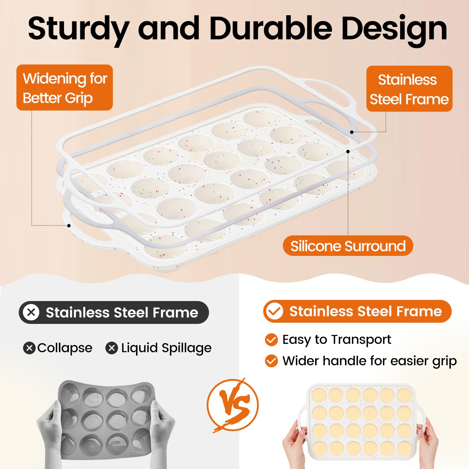 Fimary Silicone Mini Muffin Pan With Metal Reinforced Frame - 24 Cups Durable Silicone Cupcake Pan for Muffin, Cupcakes, BPA Free and Dishwasher Safe - 1 Piece Beige with Rainbow Spots
