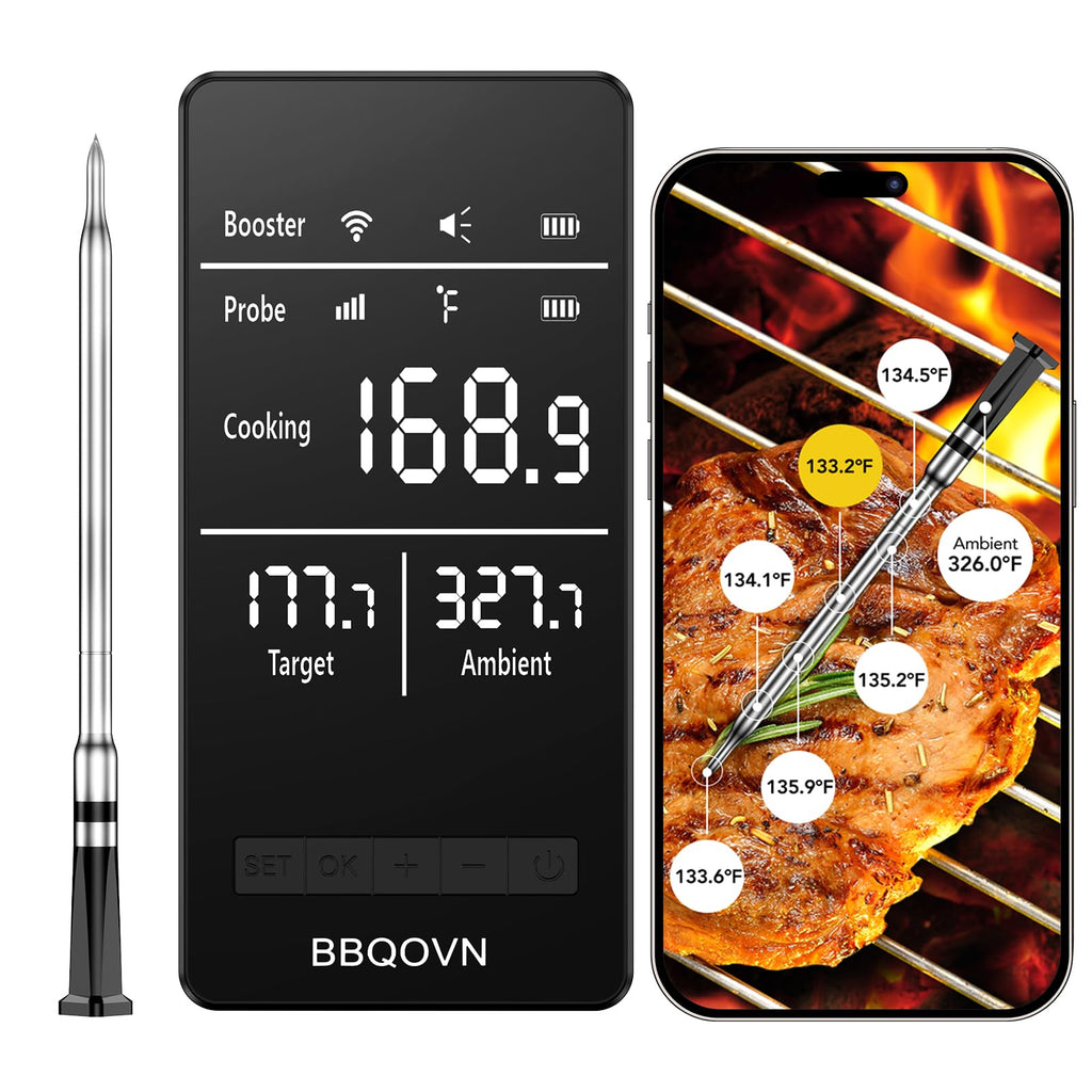 BBQOVN Smart WiFi Wireless Meat Thermometer, Sub-1G Long Range 1000FT, 7 NIST Certified Sensors in 1 Thinner Probe ±0.5℉ Accuracy, Standalone Base with App