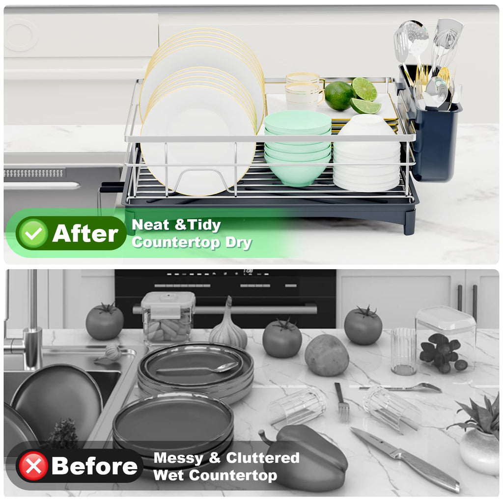 TITIMIO Dish Drying Rack - Space-Saving Dish Rack for Kitchen Counter with Removeable Cutlery Holder,Rustproof & Sturdy Auto-Drain Organizer for Plates,Cups,Knife,Silvery