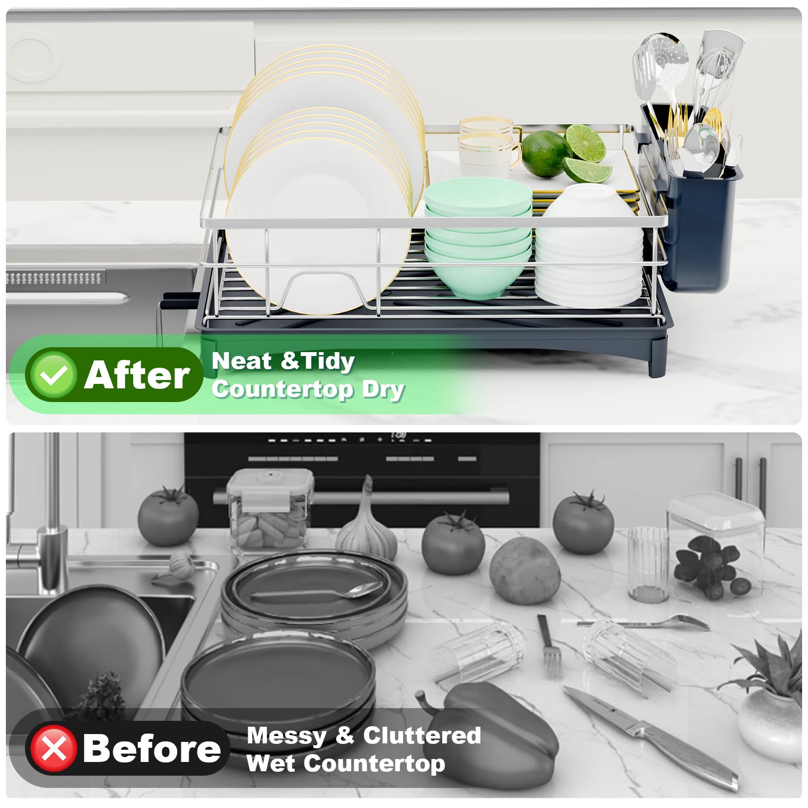 TITIMIO Dish Drying Rack - Space-Saving Dish Rack for Kitchen Counter with Removeable Cutlery Holder,Rustproof & Sturdy Auto-Drain Organizer for Plates,Cups,Knife,Silvery