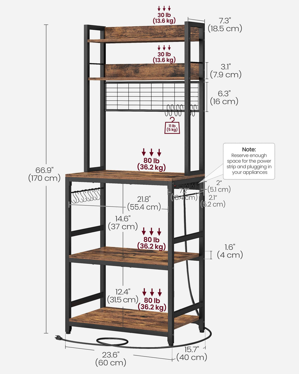 VASAGLE Bakers Rack with Power Outlet, Microwave Stand, Kitchen Tall Utility Storage Shelf, with Metal Wire Panel, 14 Hooks, 15.7 x 23.6 x 66.9 Inches, Rustic Brown and Ink Black UKKS037B01
