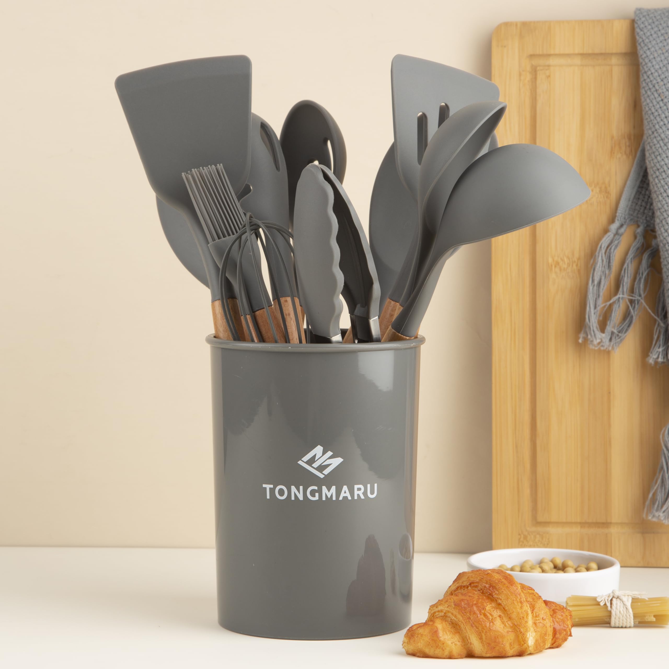 Silicone Cooking Utensils Set, Premium Beech Wood Handle Kitchen Gadgets Utensil Set, Non-Stick Kitchen Utensils Spatula, Tongs, Turner, Whisk, Brush, Spoon, BPA FREE, 446°F Resistant (Dark Gray)