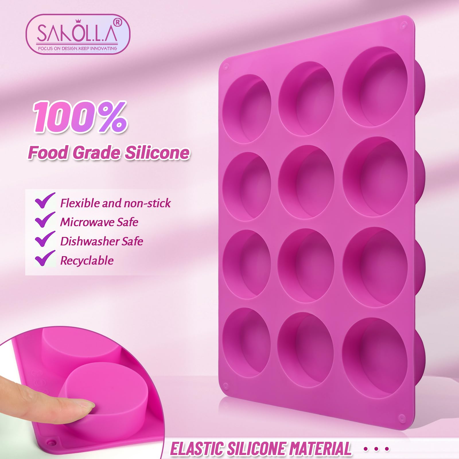 Sakolla 3 Pcs Round Chocolate Cookie Molds, 12-Cavity Cylinder Silicone Molds for Chocolate, Cake, Candy, Pudding, Mini Soap (2 Rose Red+1 Blue)