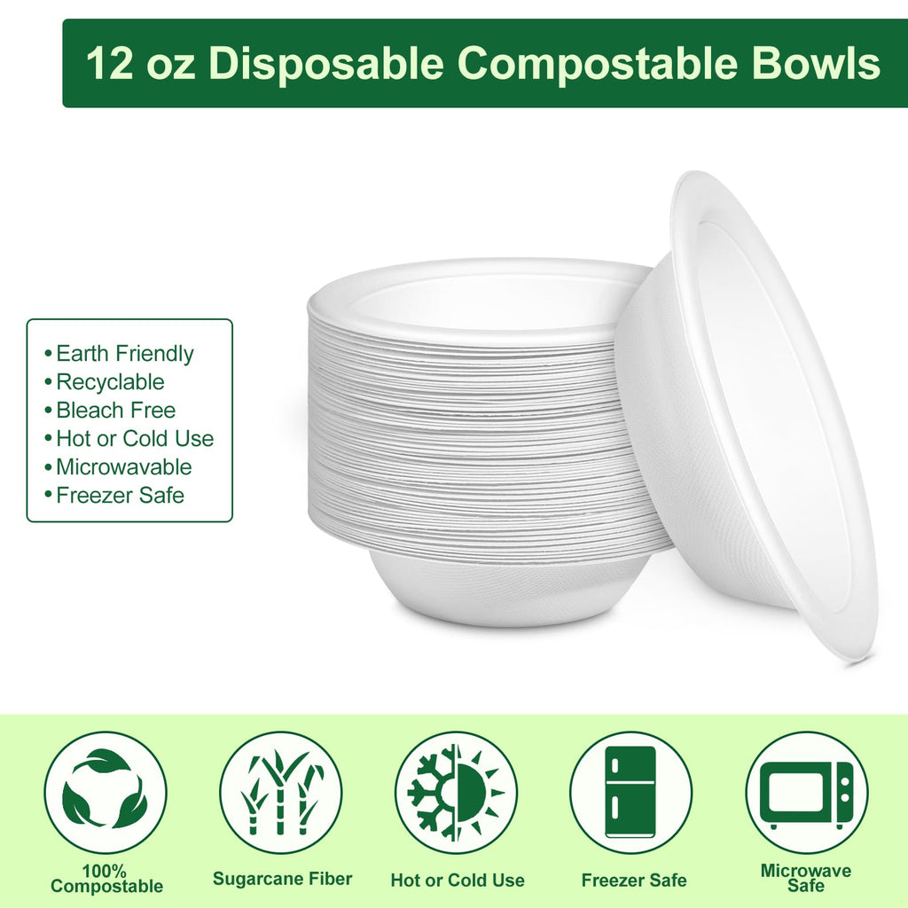 Pony Packaging Paper Bowls 12oz, Disposable Bowls Heavy Duty, 1000-Pack 100% Compostable Disposable Soup Bowl, Biodegradable Bagasse Paper Bowls Bulk-White