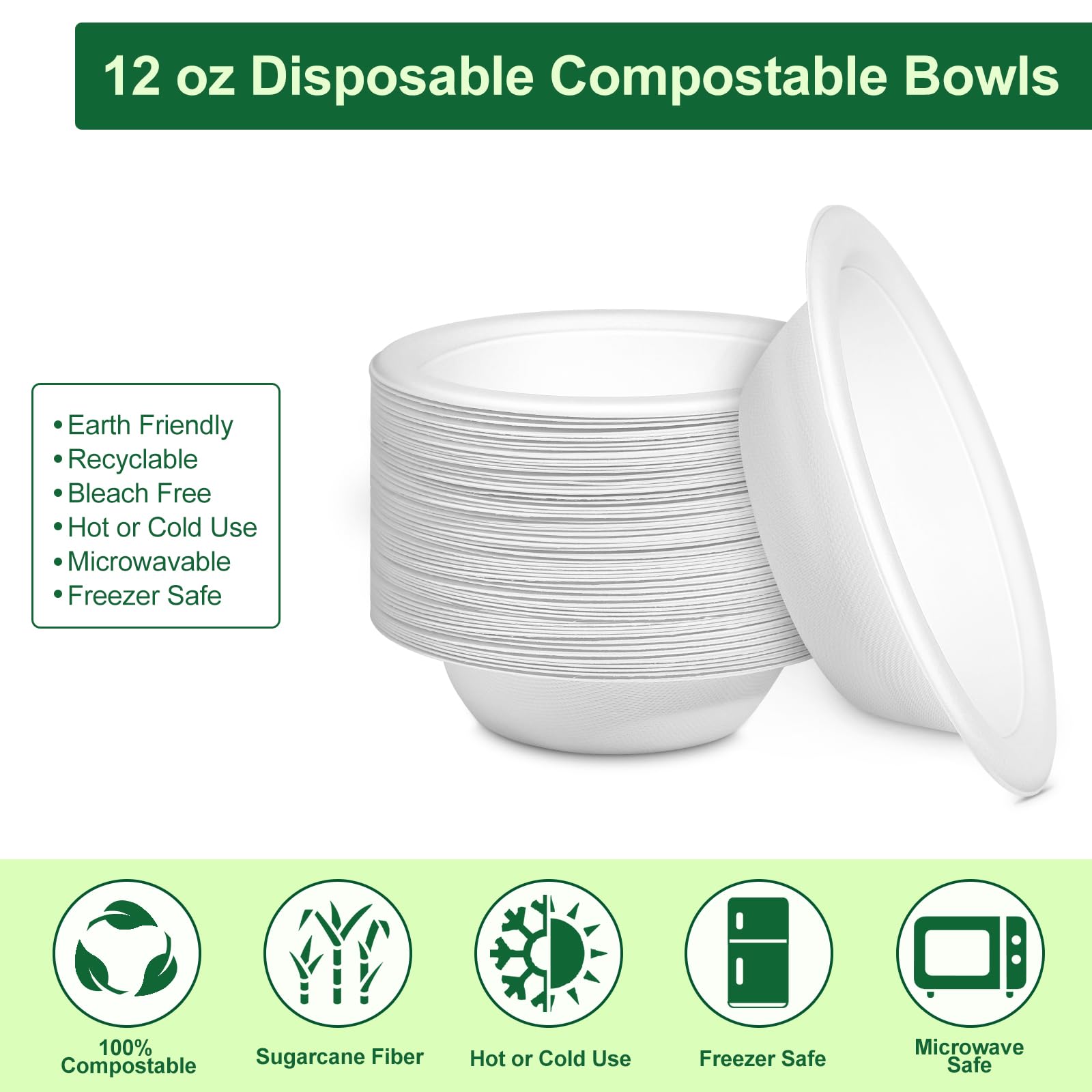 Pony Packaging Paper Bowls 12oz, Disposable Bowls Heavy Duty, 1000-Pack 100% Compostable Disposable Soup Bowl, Biodegradable Bagasse Paper Bowls Bulk-White
