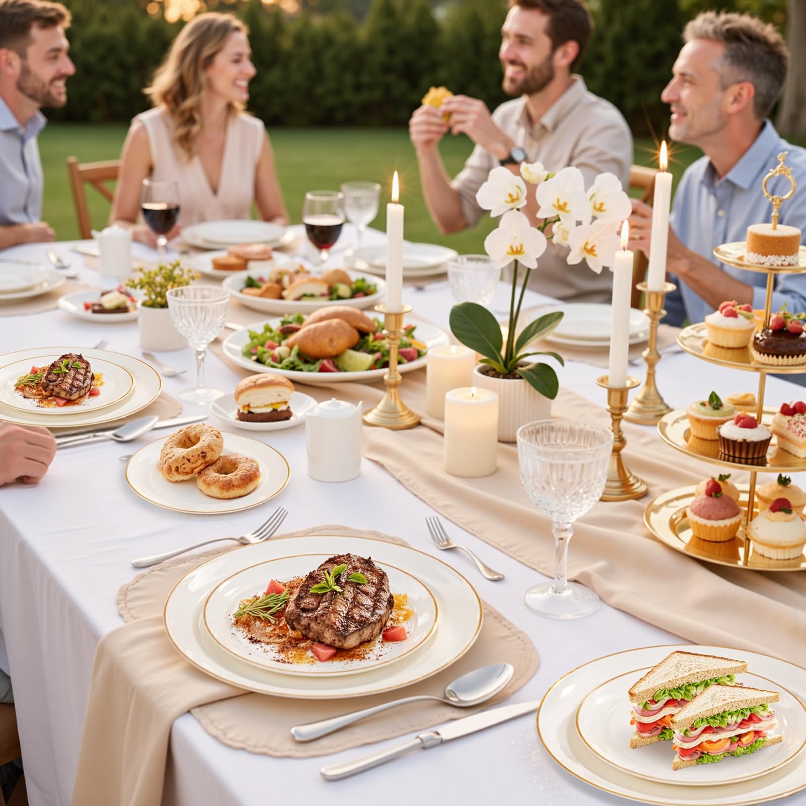 bUCLA 100PCS Ivory Plastic Plates with Gold Rim - Heavy Duty Cream Disposable Include 50 Dinner 10 inch & 50 Dessert 7 inch, for Party & Wedding