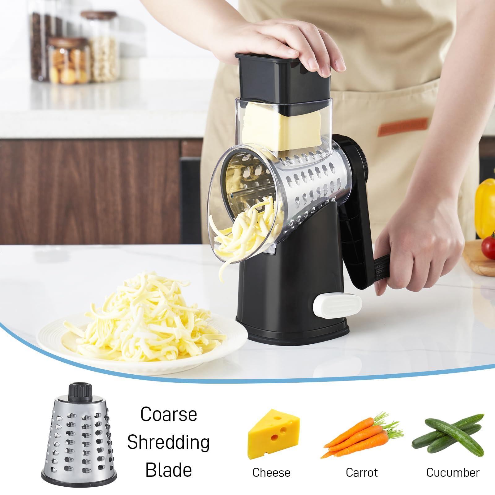 VEKAYA Rotary Cheese Grater Hand Crank, 4 blades Cheese Shredder (Black)
