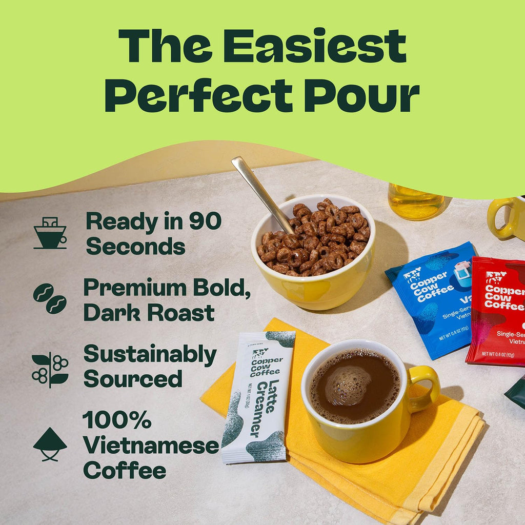 Copper Cow Coffee Vietnamese Churro Pour Over Coffee & Creamer Set, 8 Coffees + 8 Creamers | Dark Roast | Real Cinnamon | No Artificial Flavors | No Refrigeration Needed | As Seen on Shark Tank