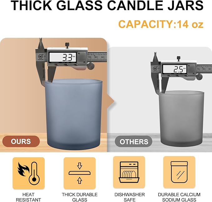 SHOWIN 14 OZ Thick Candle Jars for Making Candles 12 Pcs, 3 Wick Empty Jars with Wood Lids for Candle Making, Sample Container, Frosted Grey