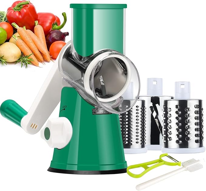 Ourokhome Rotary Cheese Grater Hand Crank, Kitchen Shredder Speed Mandolin Slicer Nut Grinder with Handle and Drum Blades for Cheese, Vegetable, Walnut, Chocolate, Potato, Carrot, 3 Blades, Emerald