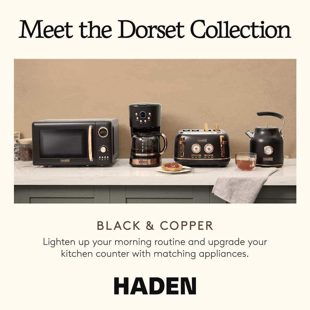 Haden Dorset 4 Slice Wide Slot Stainless Steel Toaster with Adjustable Browning Control & Non-Slip Feet, Black & Copper