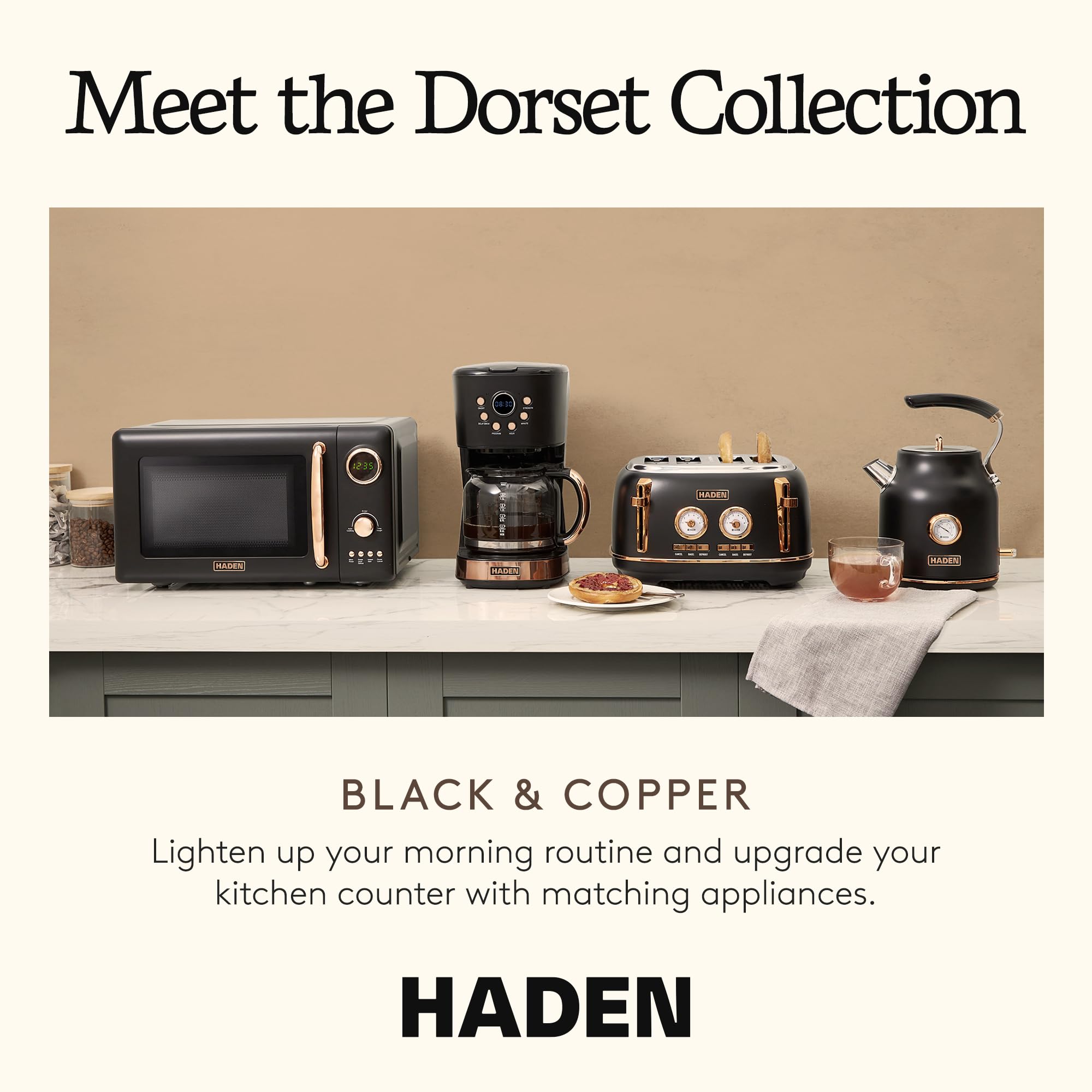 Haden Dorset 4 Slice Wide Slot Stainless Steel Toaster with Adjustable Browning Control & Non-Slip Feet, Black & Copper