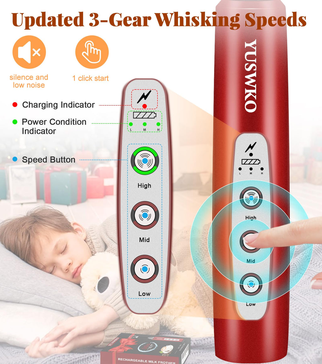 YUSWKO Handheld Milk Frother Wand for Coffee, Rechargeable Electric Whisk with 3 Heads 3 Speeds Drink Mixer Coffee Frother For Latte, Cappuccino, Hot Chocolate, Egg, Red