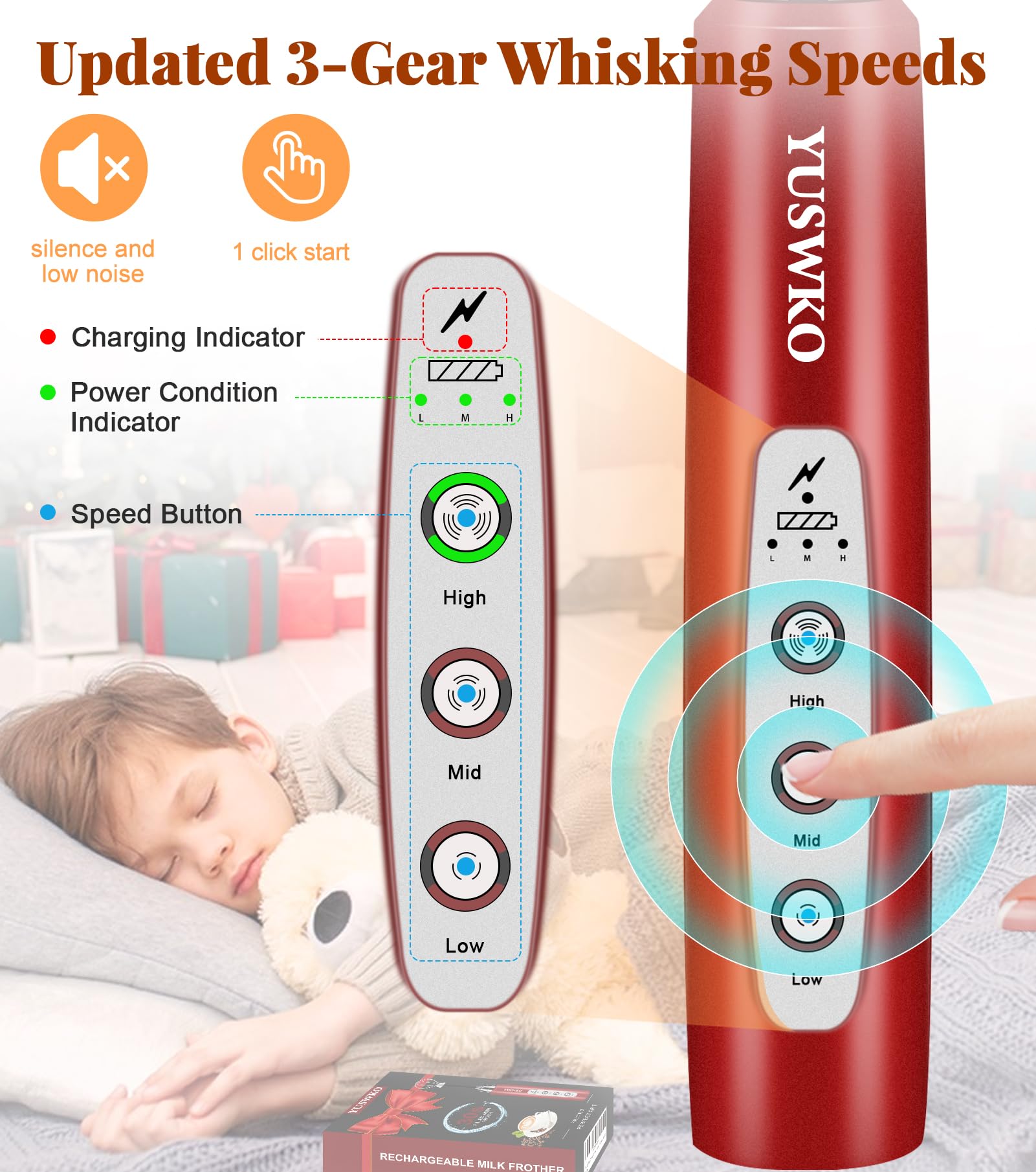 YUSWKO Handheld Milk Frother Wand for Coffee, Rechargeable Electric Whisk with 3 Heads 3 Speeds Drink Mixer Coffee Frother For Latte, Cappuccino, Hot Chocolate, Egg, Red