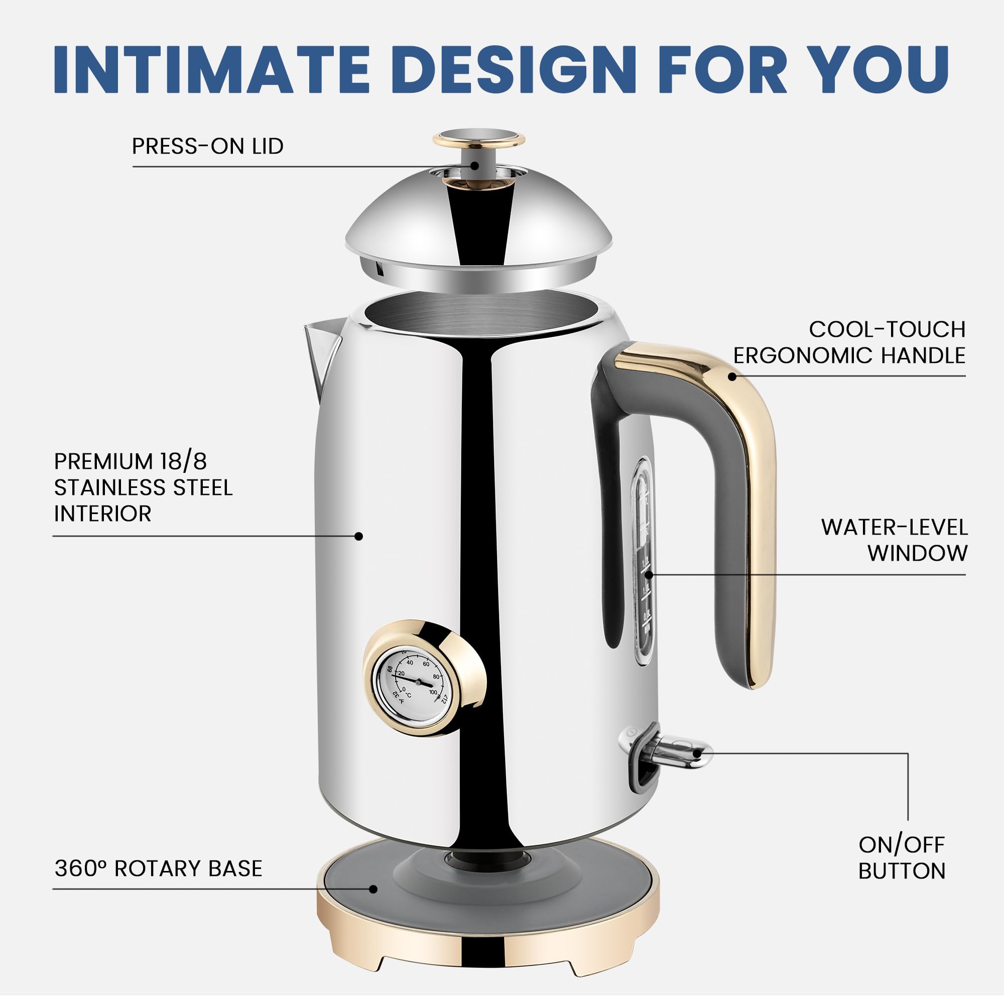 SUSTEAS 57oz Electric Kettle with Thermometer, Hot Water Pot, Glossy Silver