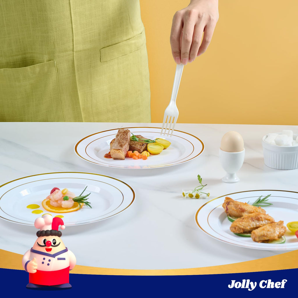 JOLLY CHEF 100 Pieces Gold Plastic Plates, 10 Inch Elegant Disposable Dinner White with Gold Rim, Disposable Plastic Plates for Christmas, Birthdays and Weddings