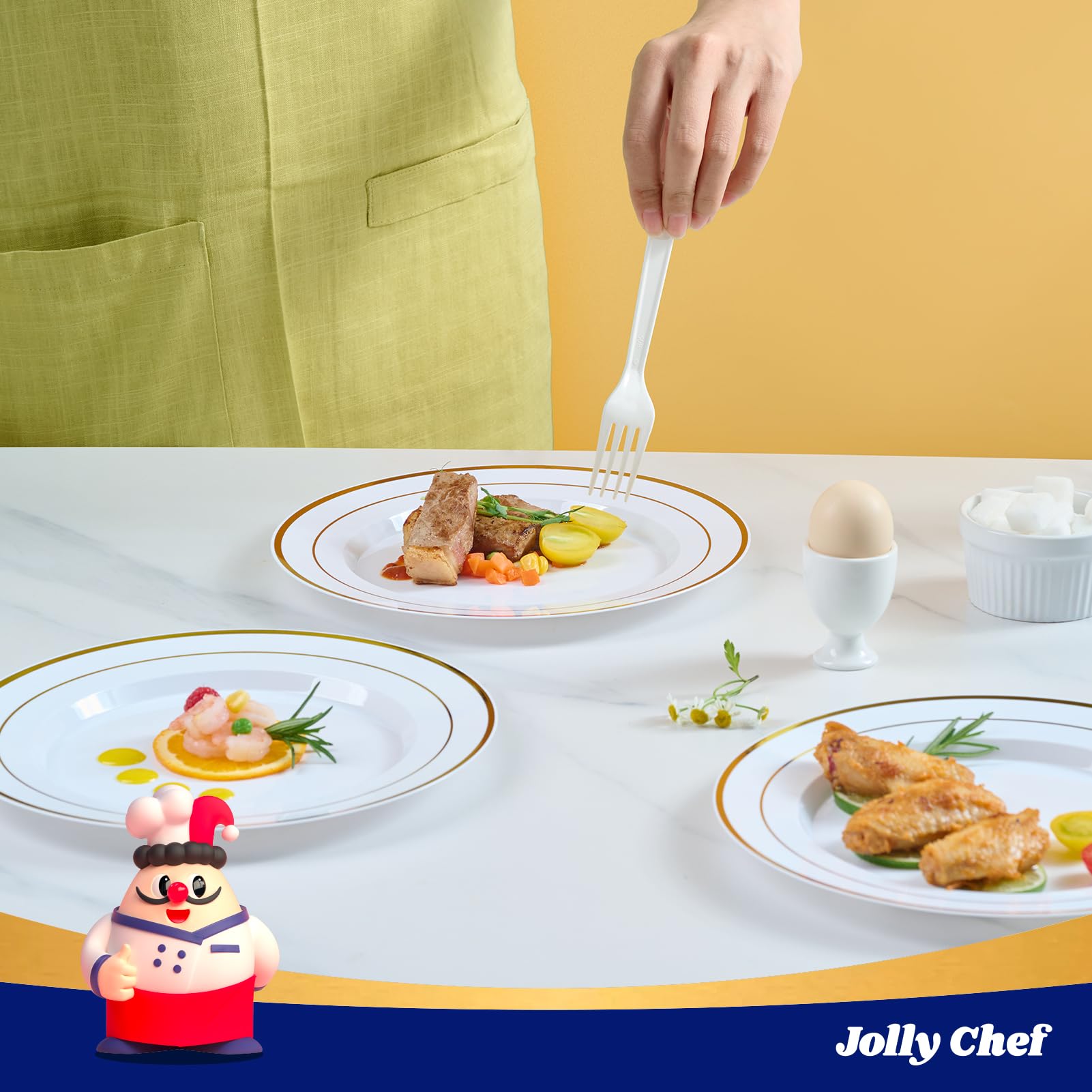 JOLLY CHEF 100 Pieces Gold Plastic Plates, 10 Inch Elegant Disposable Dinner White with Gold Rim, Disposable Plastic Plates for Christmas, Birthdays and Weddings