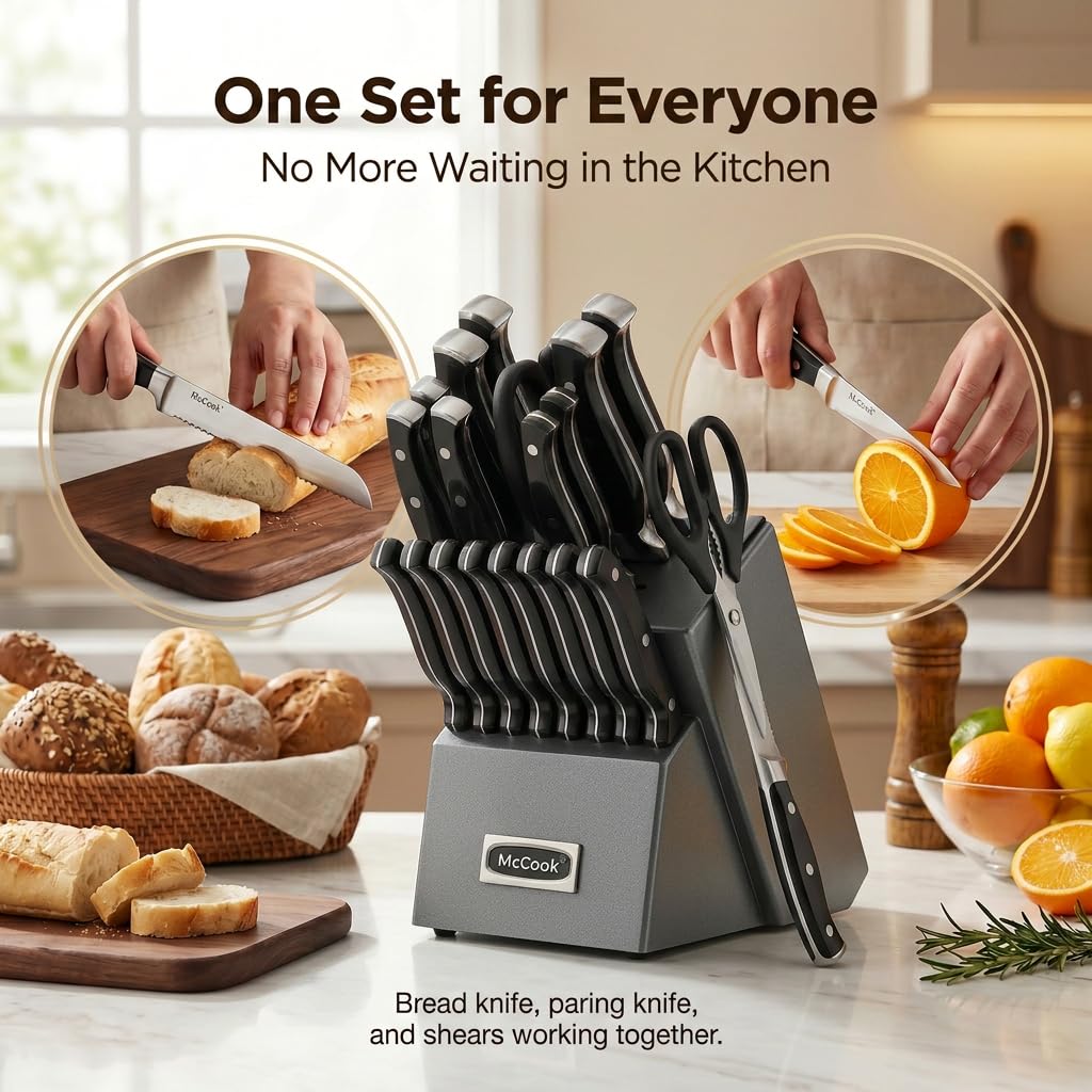 McCook Knife Set Sharp Kitchen Knife Block Set w Built-in Sharpener