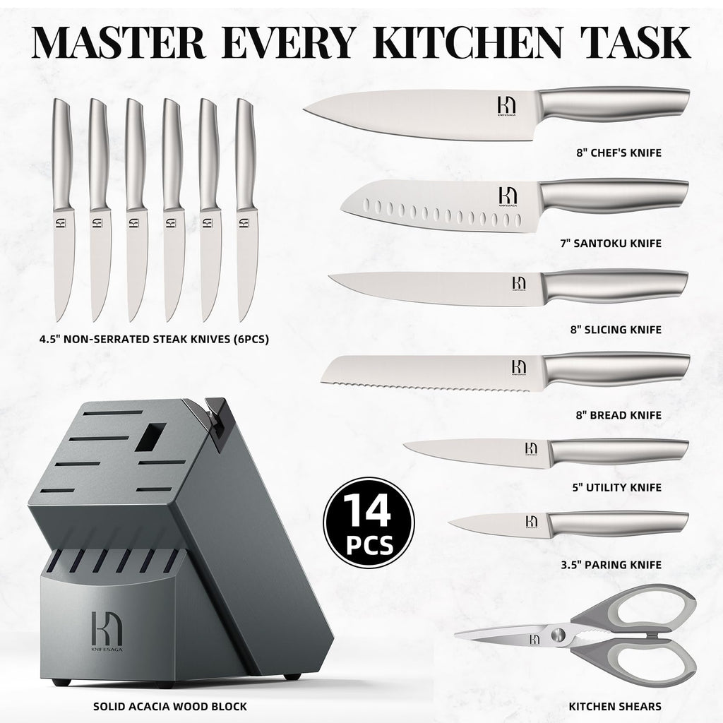 KnifeSaga 14 Pcs Kitchen Knife Set, Premium, Razor Sharp, Japanese Steel