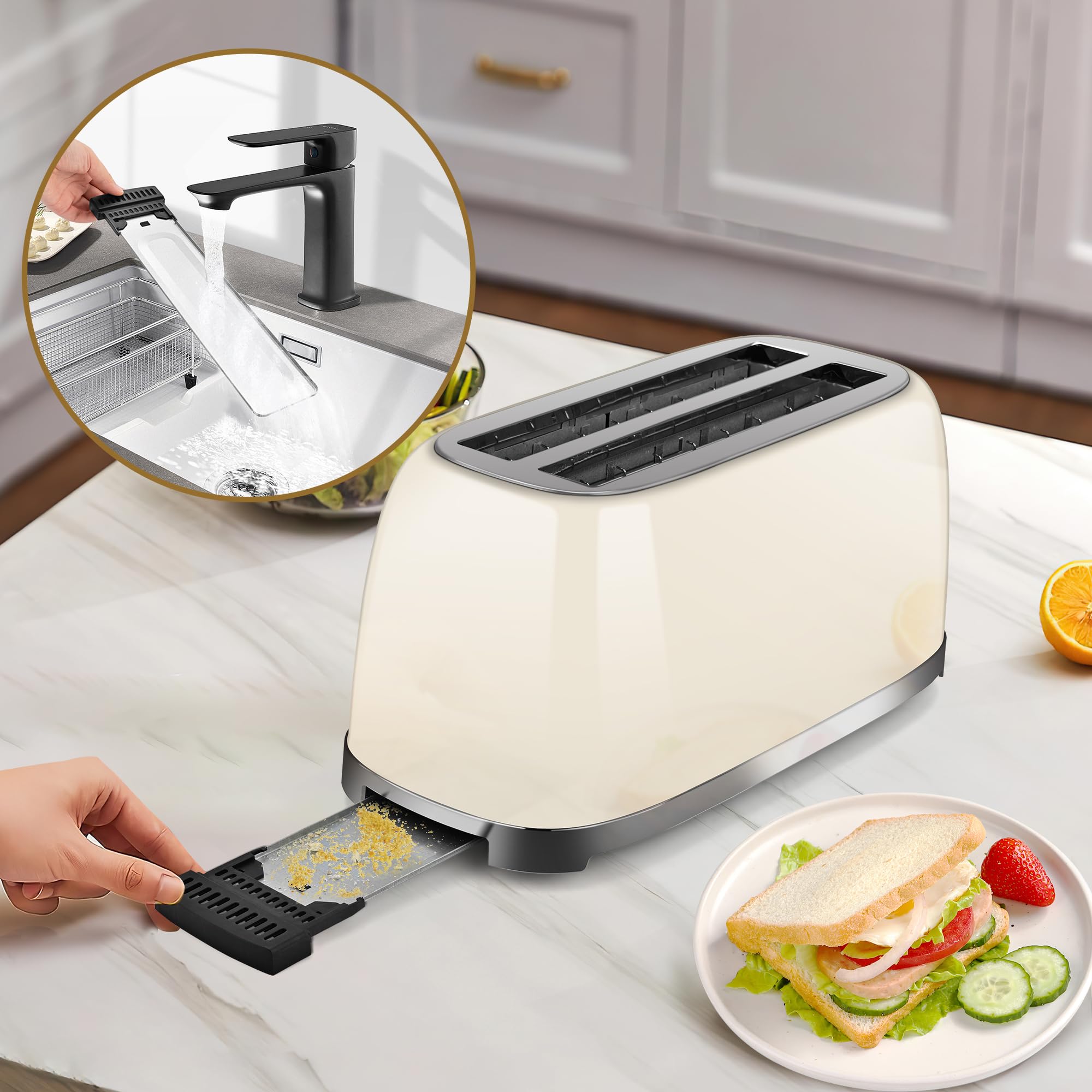 SUSTEAS Toaster 4 Slice Wide Slot, Stainless Steel Bread Bagel Toasters, Retro Long Slot Tostadora for Defrost, Reheat, Removable Crumb Tray, 1500W, 6 Browning Settings, Beige