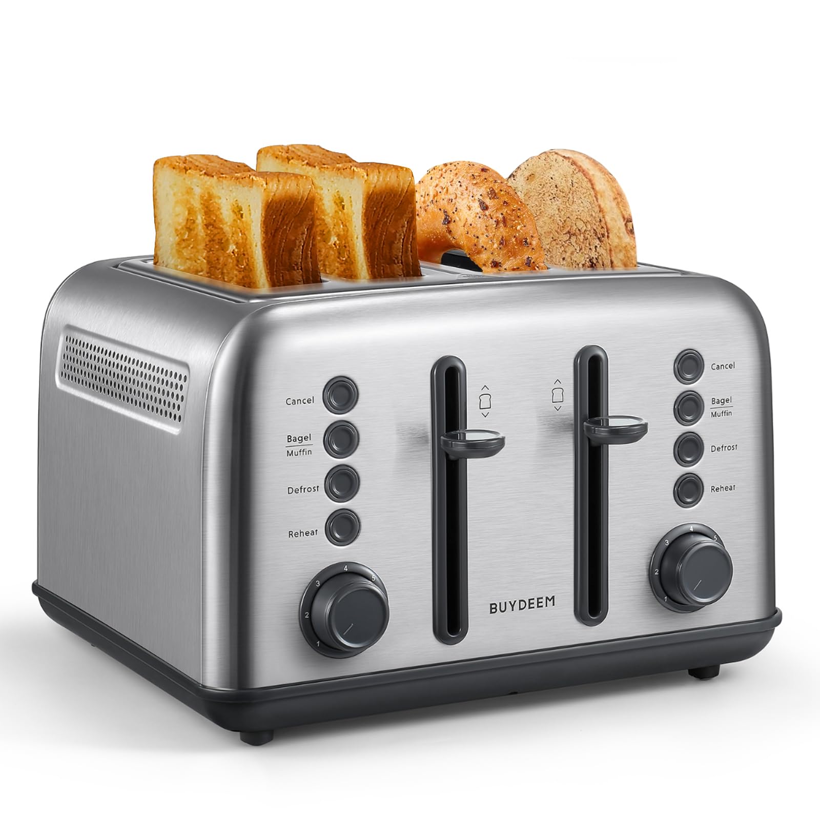 BUYDEEM DT640 4-Slice Toaster, 7 Shade Settings, Extra Wide 1.5’’ Slots for Bagel & English Muffin, 6 Toasting Functions, Retro Stainless Steel Toaster with High Lift Lever, 1800W, Retro Silver