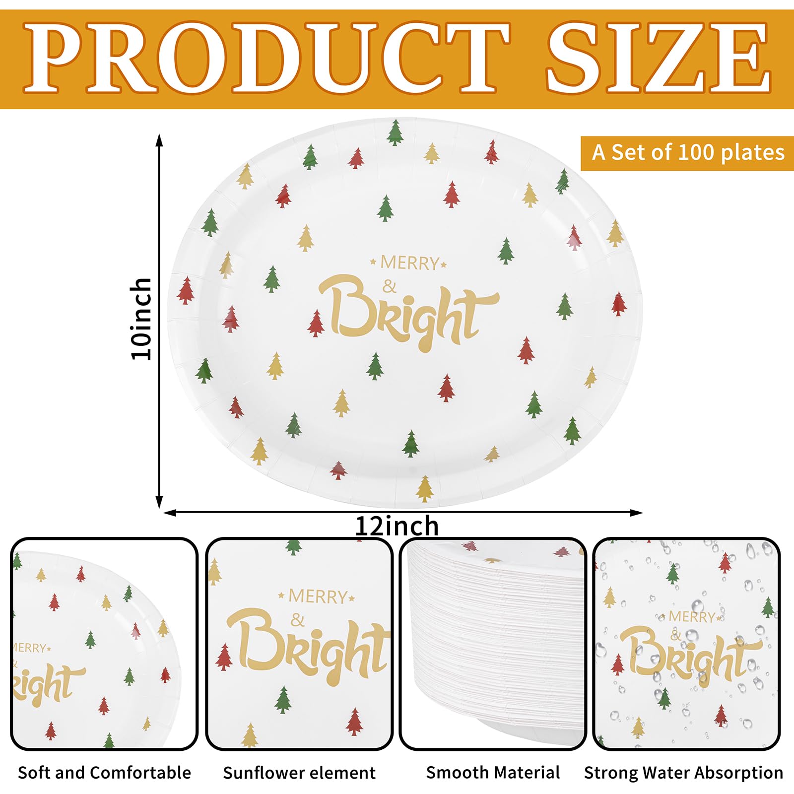 WDF 100 Pack Christmas Paper Plates - 10" x 12"Disposable Christmas Plates Disposable with Christmas Trees-Large Oval Paper Plates Heavy Duty- Party Plates for Christmas