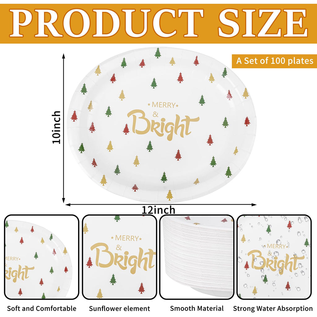WDF 100 Pack Christmas Paper Plates - 10" x 12"Disposable Christmas Plates Disposable with Christmas Trees-Large Oval Paper Plates Heavy Duty- Party Plates for Christmas