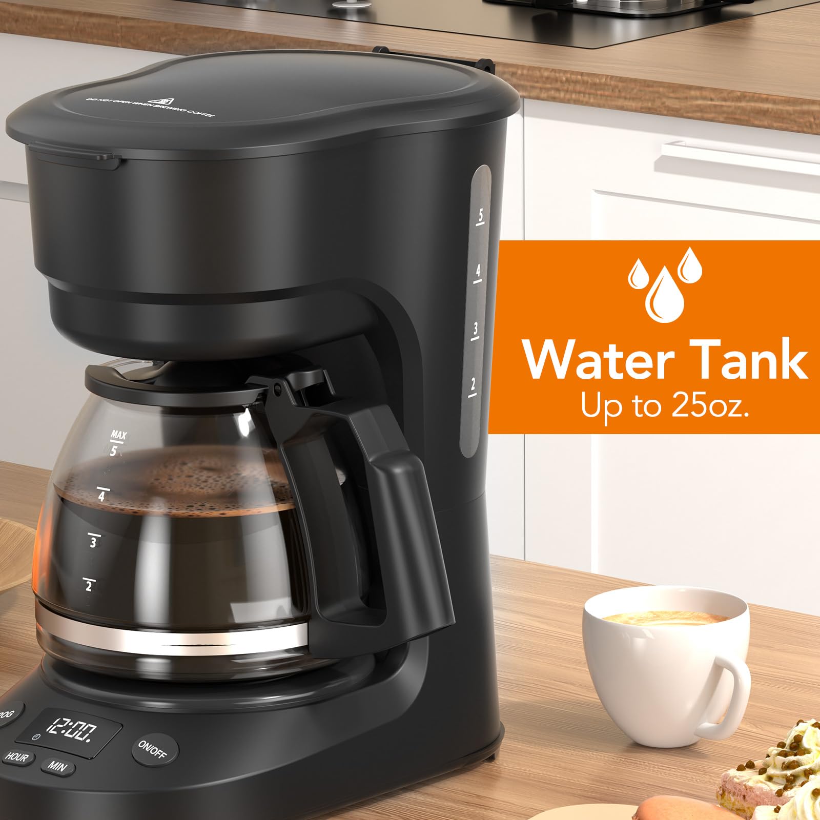 Electactic 5-Cup Programmable Drip Coffee Maker, a compact coffee machine with a digital clock and 24-hour programmable timer, featuring Auto Shut-Off, and a Removable Filter Basket for Home & Office.